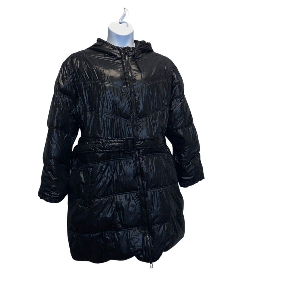 A New Day Women's 2X Puffer Jacket Black Glossy Long Hooded Quilted Parka Coat